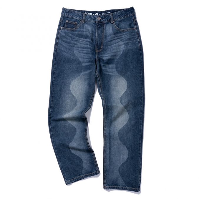 LASER CURVE PRINT DENIM PANTS (LOOSE FIT)  BLUE