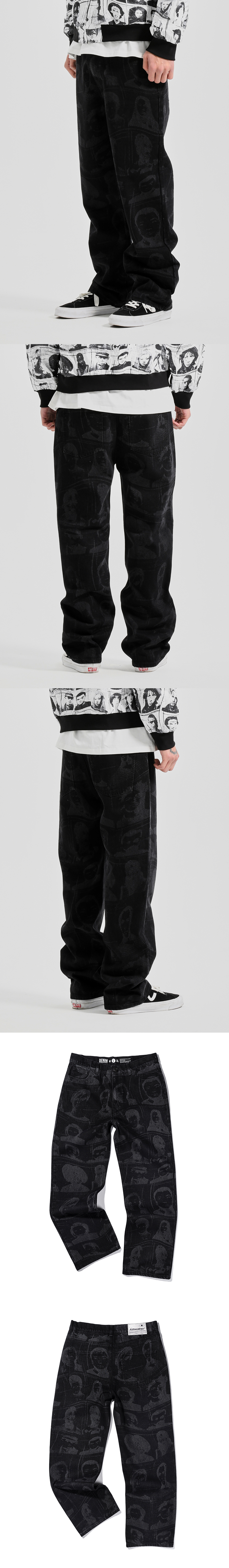 PORTRAIT PRINTING DENIM PANTS  BLACK