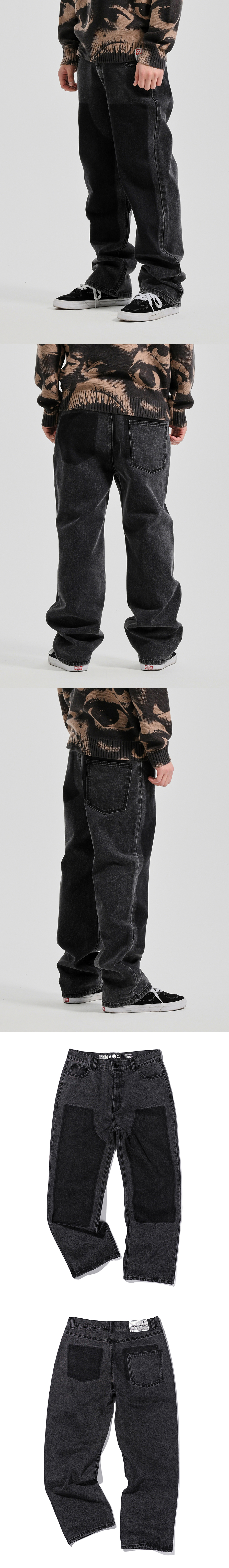 DOUBLE KNEE EFFECT DENIM PANTS  BLACK