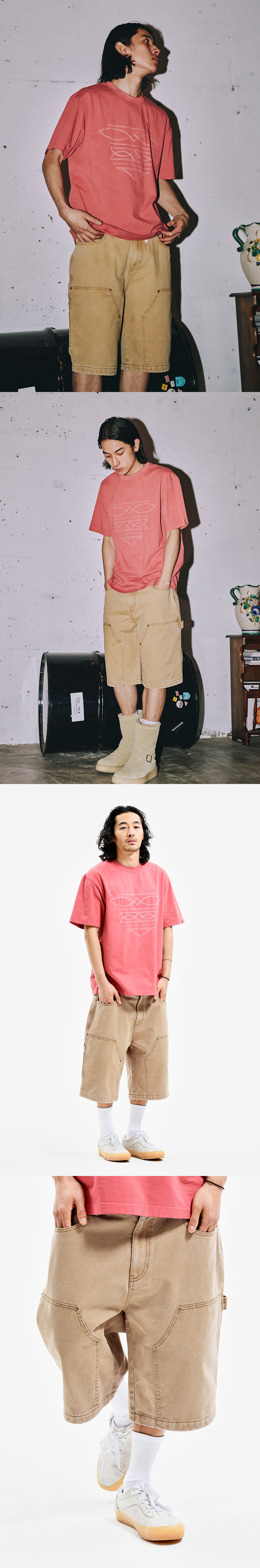 PIGMENT WASHING DOUBLE KNEE SHORTS BEIGE