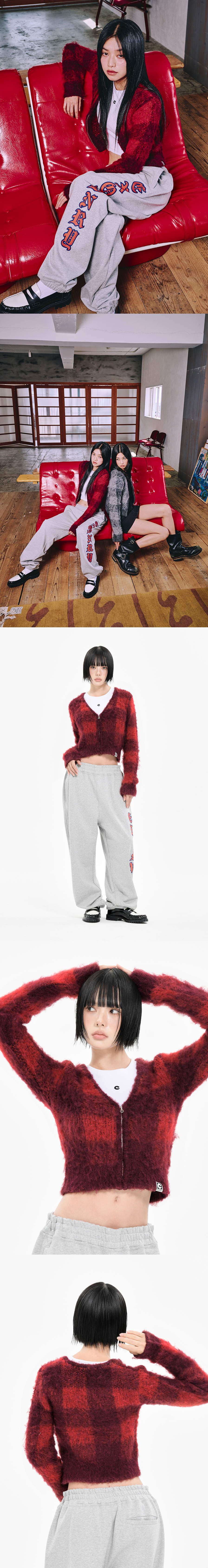 W BLOCK CHECK ZIP UP CARDIGAN RED