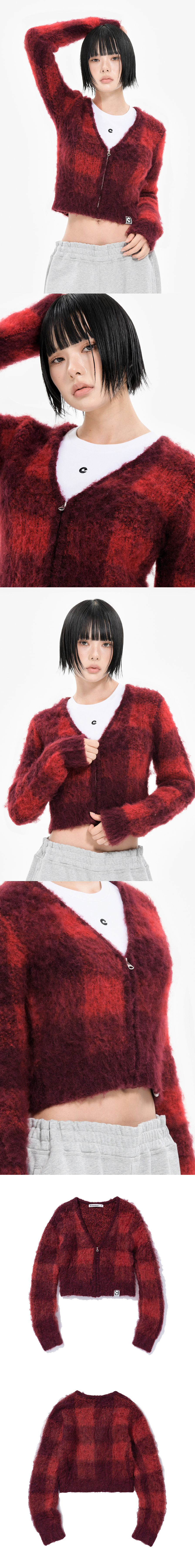 W BLOCK CHECK ZIP UP CARDIGAN RED