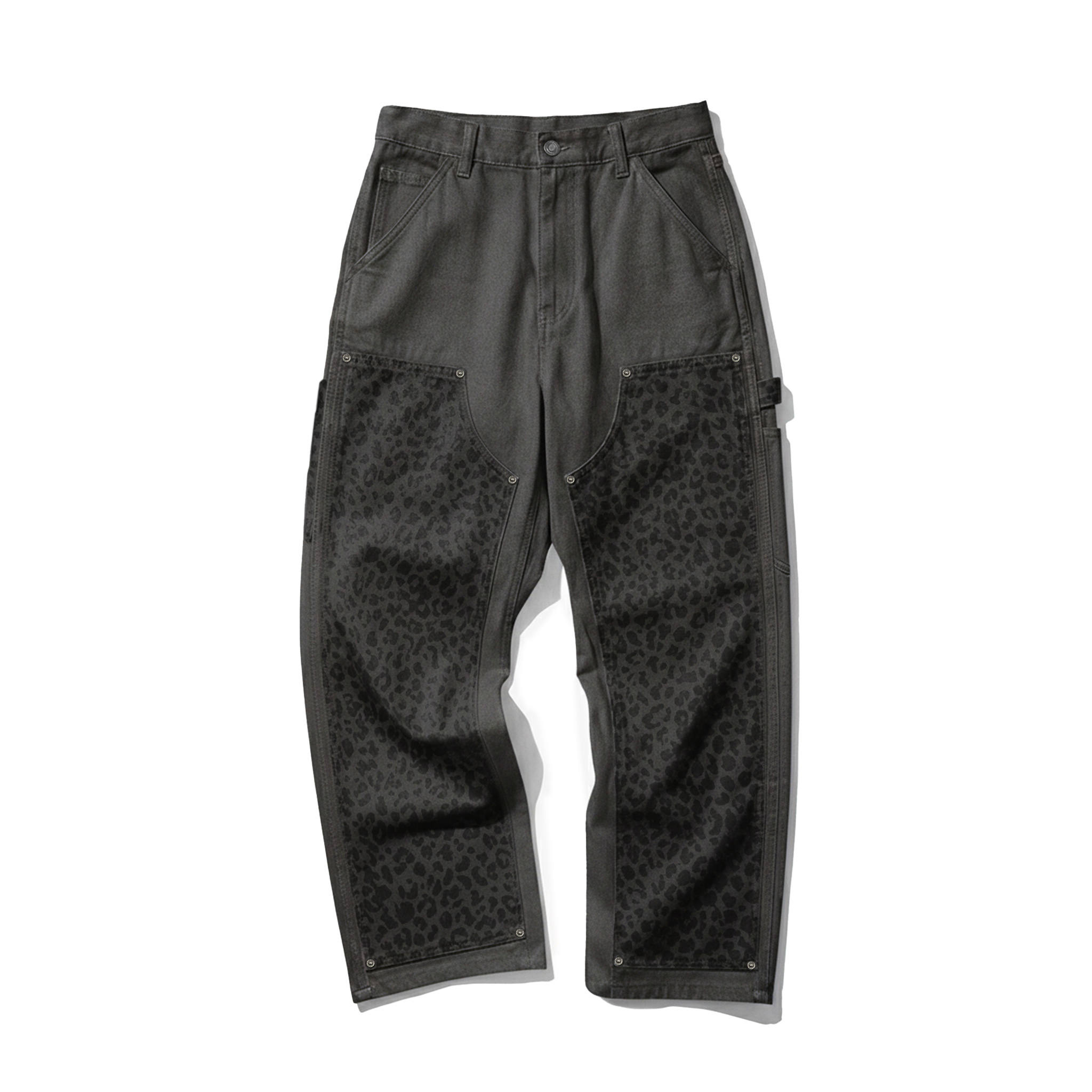 LEOPARD PANEL DOUBLE KNEE PANTS GREY