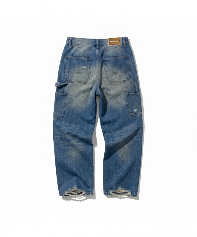 VINTAGE WASHED DOUBLE KNEE DENIM BLUE