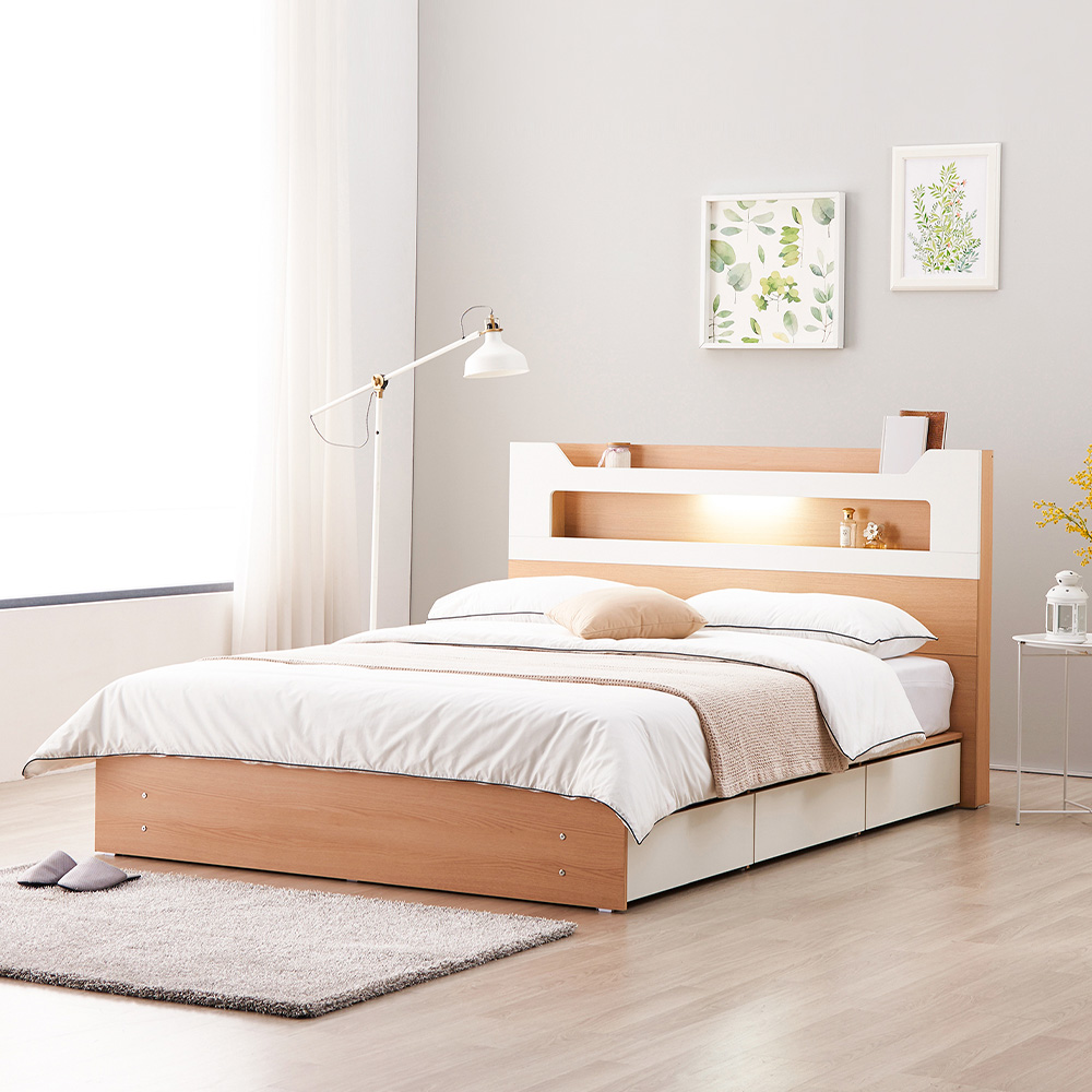 [단독특가] 동서가구 스텔라 LED 조명 침대 수납 서랍형 침대프레임 SS/Q+매트리스 선택