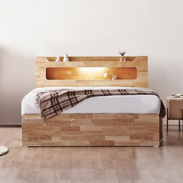 [단독특가] 동서가구 이즈 비엘 LED 헤드 2단 4서랍 수납 원목 침대 프레임 SS 네추럴