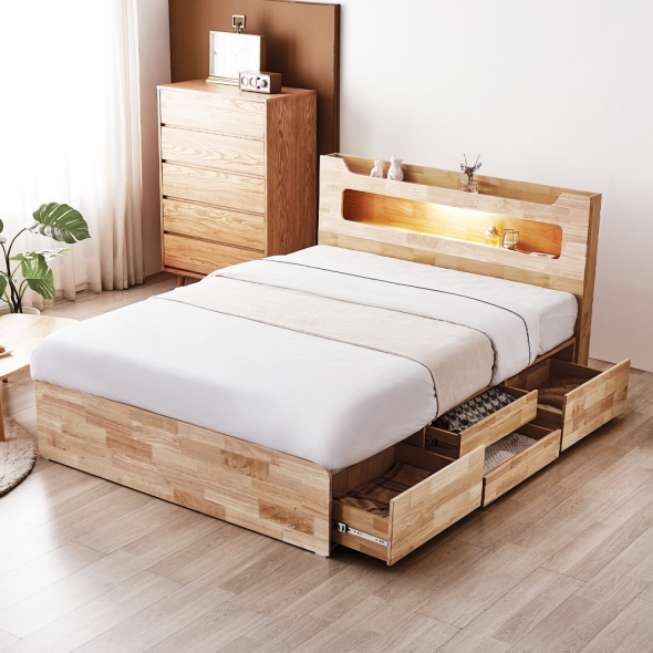 [단독특가] 동서가구 이즈 비엘 LED 헤드 2단 4서랍 수납 원목 침대 프레임 SS 네추럴