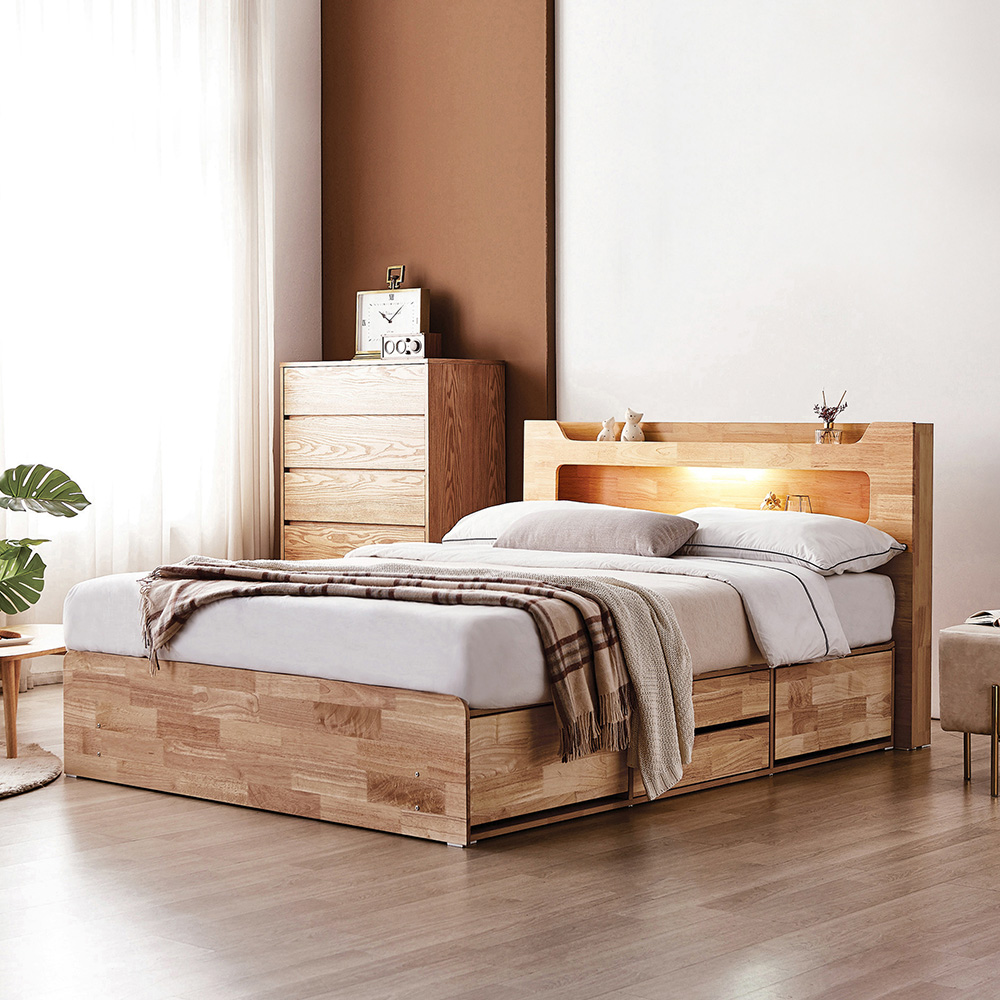 [단독특가] 동서가구 이즈 비엘 LED 헤드 2단 4서랍 수납 원목 침대 프레임 SS 네추럴