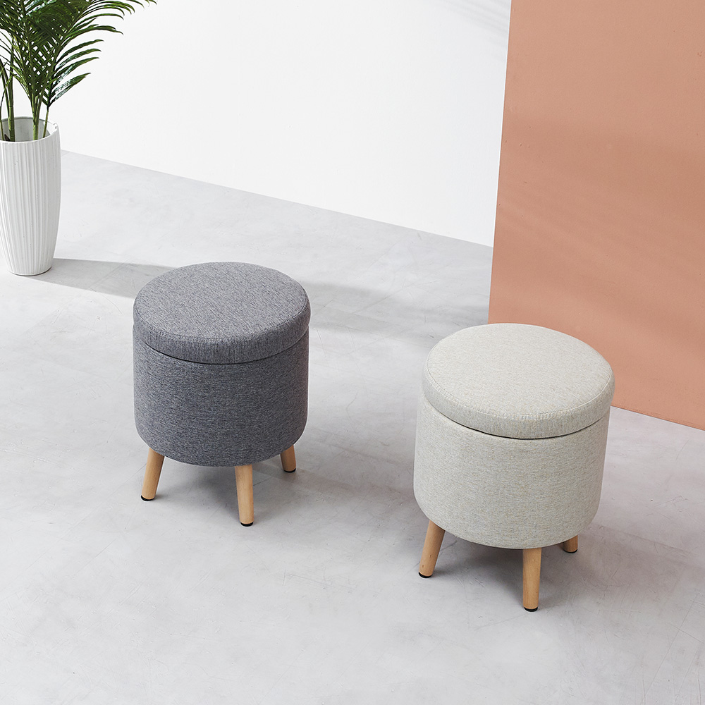 [바우미스트]티모 패브릭 원목다리 수납 스툴 2colors