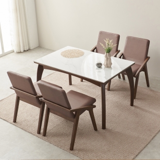 [소티디자인] 라비에 화이트유광 폴리싱 세라믹 4인 식탁세트 - 월넛