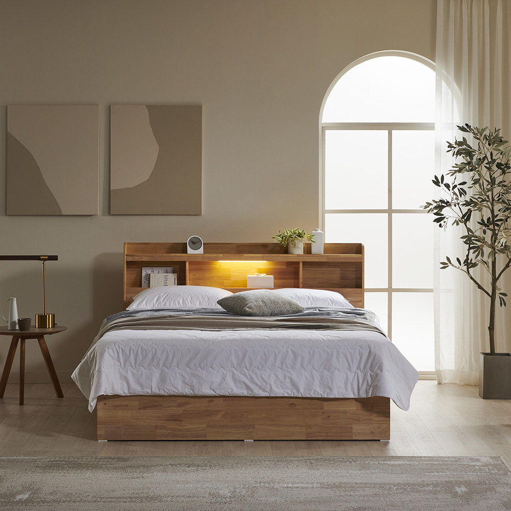 리브우드 원목 3단수납침대 LED 조명 헤드 SS/Q 프레임 (매트리스 선택)