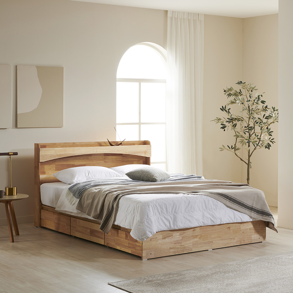 리브우드 원목 3단수납침대 LED 조명 헤드 SS/Q 프레임 + 본넬 매트리스