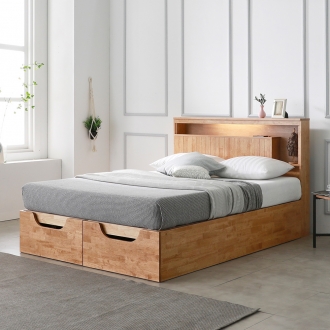 [MD PICK_위클리픽] 퍼니홈 크로코 리프트업 Q 고무나무 원목 조명 수납 침대 프레임