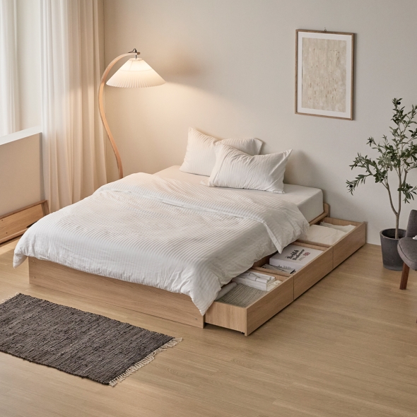 매트리 가득 수납침대 3단 서랍 침대프레임 퀸 Q 무헤드 LED