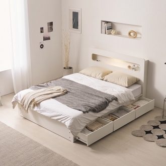 라자가구 라운 LED 서랍 통수납 침대 프레임 SS/Q (매트선택)