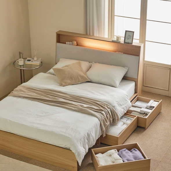 [MD PICK] 매트리 가득 패브릭 LED 수납침대 프레임 퀸 Q