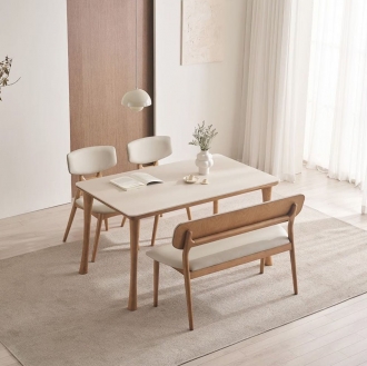 트로이퍼니처 케이브 애쉬 원목 포세린 세라믹 식탁 1400 (의자 2개 + 벤치 1개 포함)