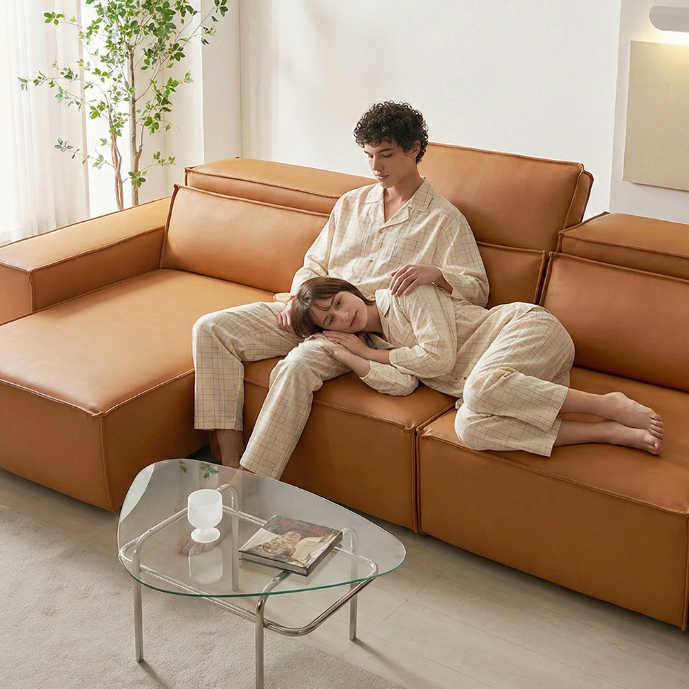 [예약배송 3/20~] 제이픽스 반델 가죽 모션 슬라이딩 리클라이너 소파 카멜, 4인