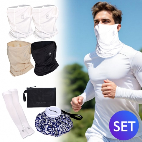 PGA 투어 [다용도 쿨링 썸머 패키지] 마스크 4개+팔토시 1쌍+얼음주머니+메쉬 파우치 자외선차단마스크 골프마스크 햇빛가리개 런닝마스크