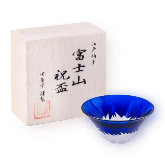 [주문제작] 타지마글라스 후지산 슈쿠하이 평잔 55ml 블루 (목재상자 포함, 선물추천)