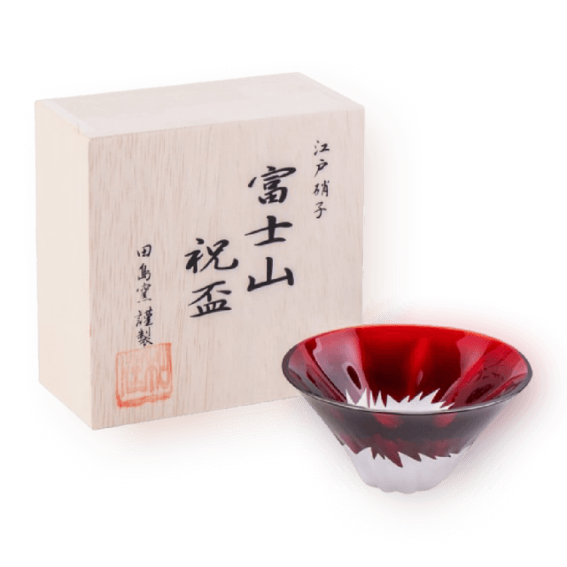 [주문제작] 타지마글라스 후지산 슈쿠하이 평잔 55ml 레드 (목재상자 포함, 선물추천)