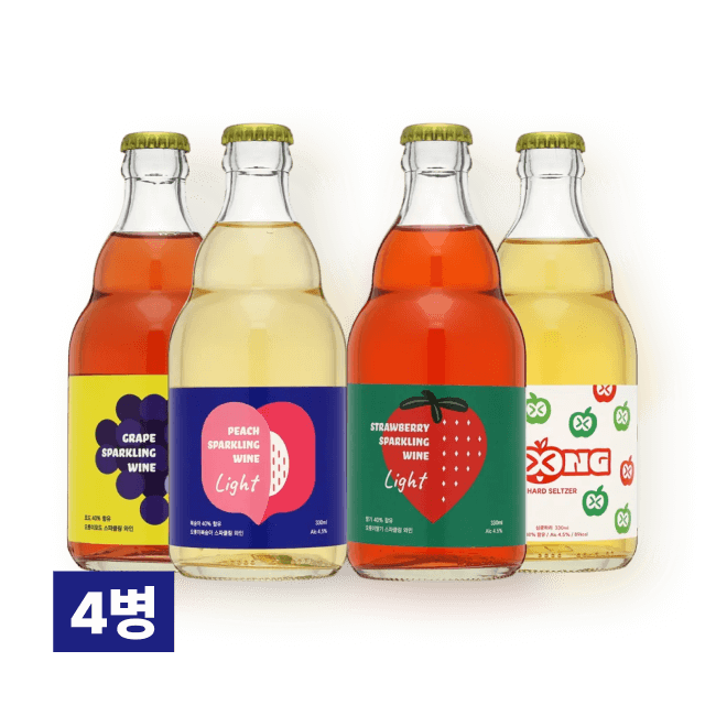 오롯이 스파클링 와인 4.5도 330ml 4병 세트 (복숭아, 사과, 딸기, 포도)