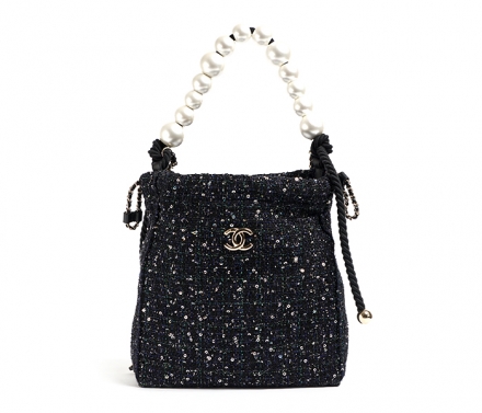 시퀸 트위드 펄 스트랩 드로스트링 백