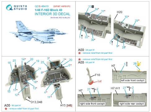 [사전 예약] QDS-48419 1/48 F-16D block 40 3D-Printed & coloured Interior on decal paper (Kinetic 2022 tool) (Small version)