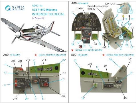 [사전 예약] QD32144 1/32 P-51D Mustang 3D-Printed & coloured Interior on decal paper (Trumpeter)