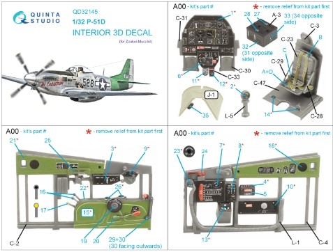 [사전 예약] QD32145 1/32 P-51D Mustang 3D-Printed & coloured Interior on decal paper (Zoukei-Mura SWS)