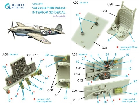 [사전 예약] QD32146 1/32 P-40B Warhawk 3D-Printed & coloured Interior on decal paper (Trumpeter)