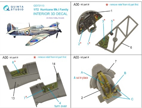 [사전 예약] QD72113 1/72 Hurricane Mk.I family 3D-Printed & coloured Interior on decal paper (Arma Hobby)