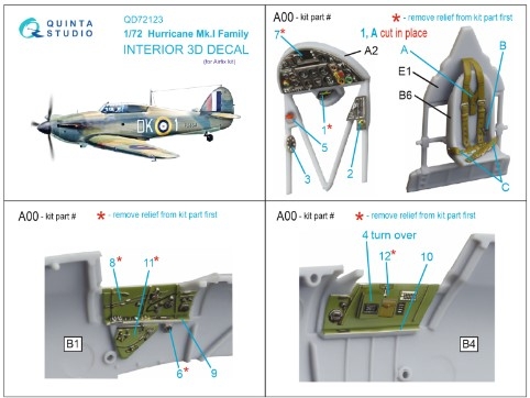 [사전 예약] QD72123 1/72 Hurricane Mk.I family 3D-Printed & coloured Interior on decal paper (Airfix)