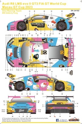 SK24182 1/24 Audi R8 LMS evo II GT3 FIA GT World Cup Macau GT Cup 2023 Uno Racing Team for Nunu