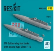 RSU32-0145 370 Gallon wing fuel tanks with pylons (type 2) for F-16 (2 pcs) (3D Printed) (1/32)