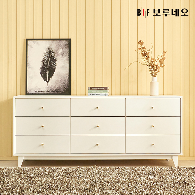 앳홈 줄리엣 화이트 러버우드 원목 3단 1800 와이드 서랍장 (서랍9개)