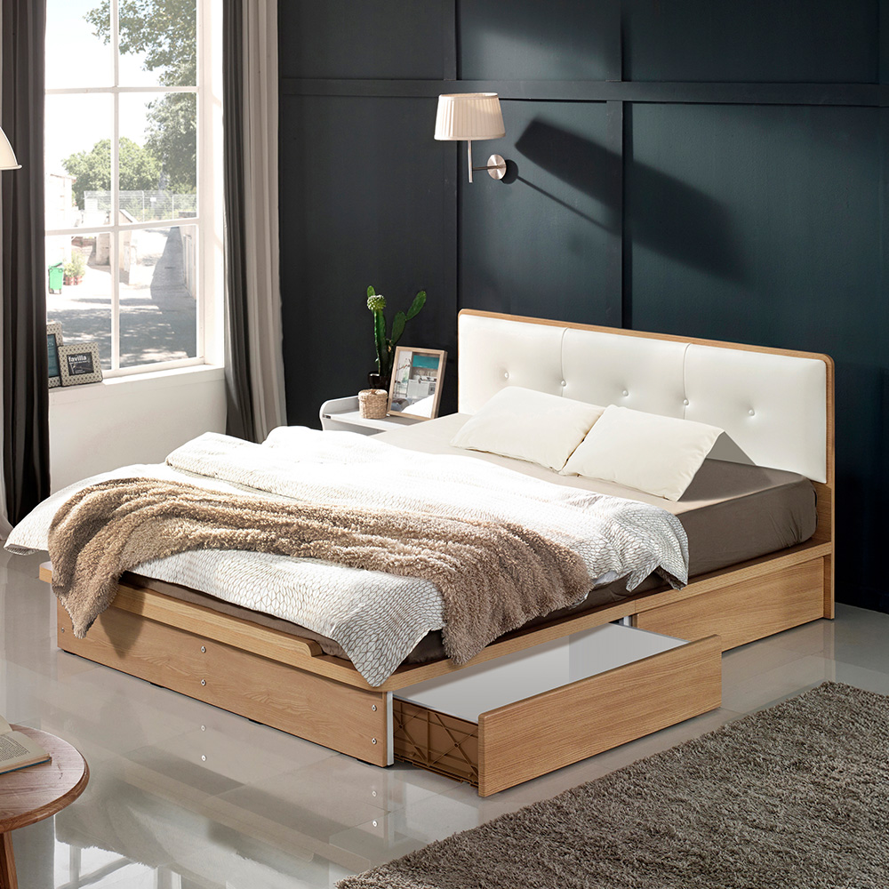 이노센트 비스킷 가죽 헤드 1단 2서랍 수납 침대 Q＋라텍스탑 7존 포켓 매트리스 i105208