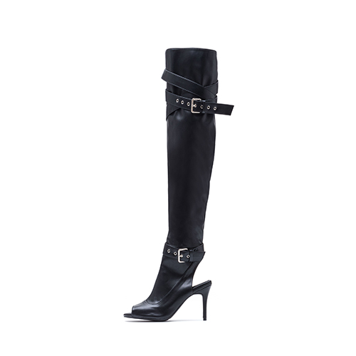 Buckle Strap Open Toe Boots Heel(Black)