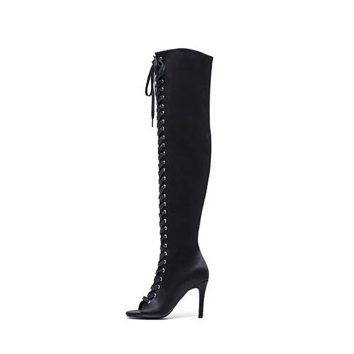 Satin Lace-Up Open Toe Boots Heel(Black)