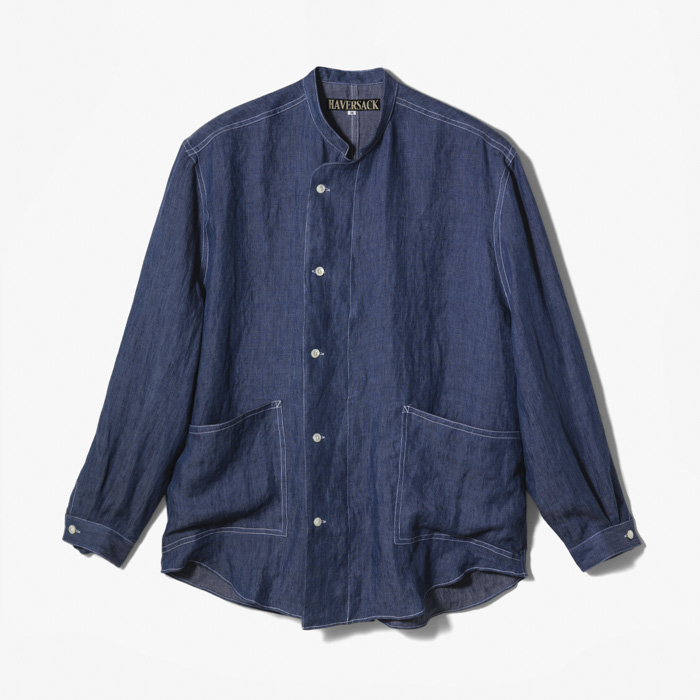 STAND COLLAR ASYMMETRIC WORK SHIRT (LINEN DENIM) INDIGO