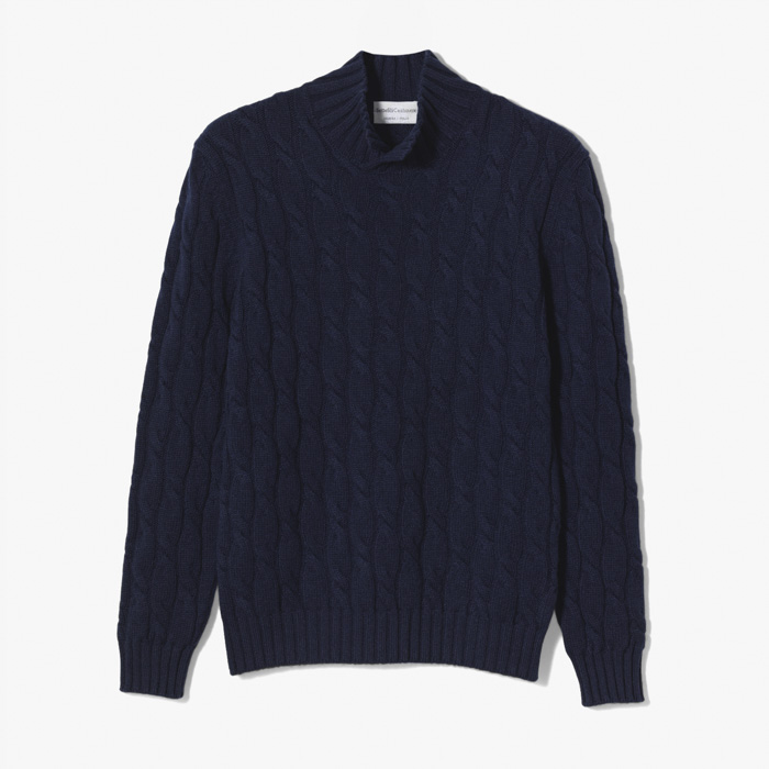 OPEN MOCK NECK CABLE 3 PLY CASHMERE SWEATER NAVY