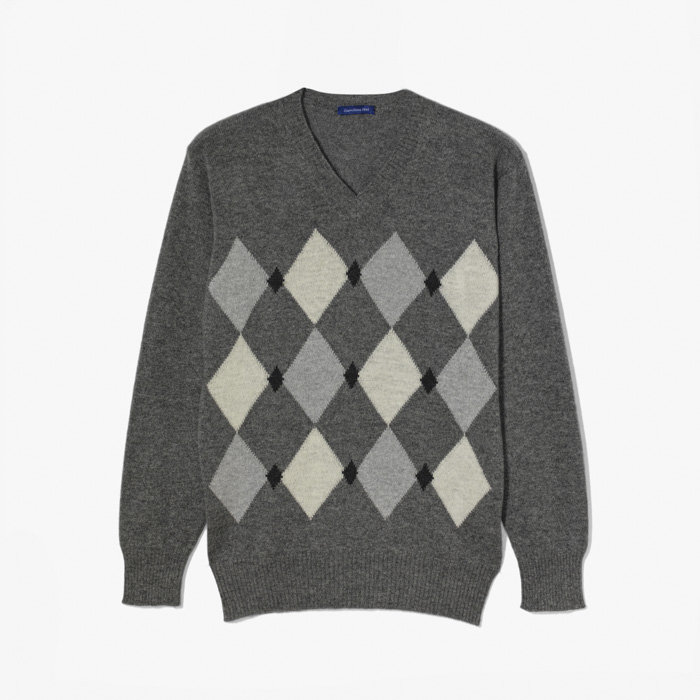 CASHMERE INTARSIA V-NECK KNIT GRAY