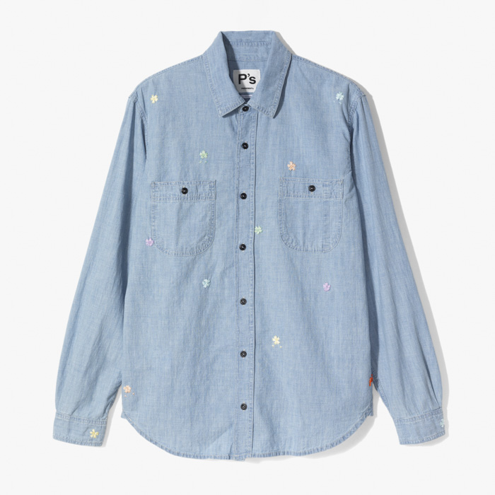 KANSAS CHAMBRAY OLDWASH DENIM SHIRT (HAND EMBROIDERY FLOWER) LIGHT BLUE