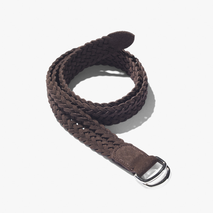 WOVEN SUEDE CALF LEATHER BELT D-RING BROWN