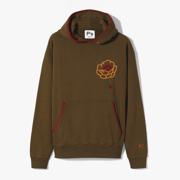 HAND EMBROIDERY FLOWER HOOD OVER SWEATER KHAKI