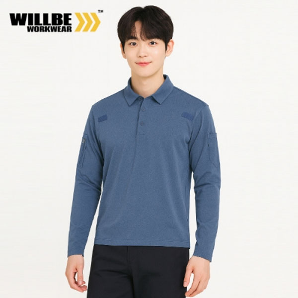 윌비(WILLBE) 블루 카치온 작업복 긴팔 티셔츠 PR-01T