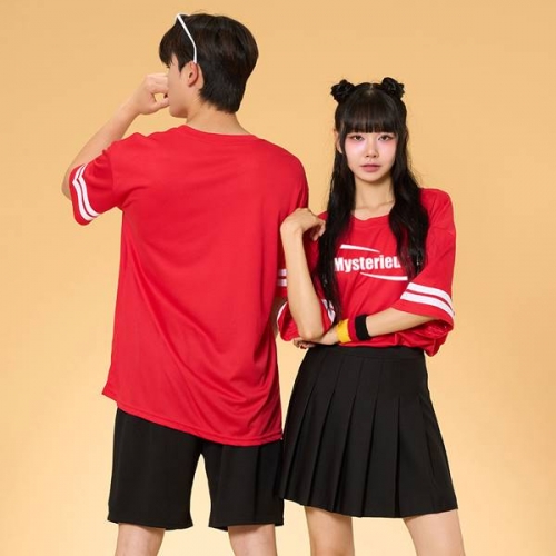 리테일 2선 오버핏져지 반팔 반티 레드 세트(상의기준)