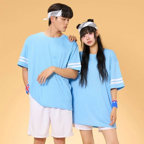 리테일 2선 오버핏져지 반팔 반티 블루 세트(상의기준)