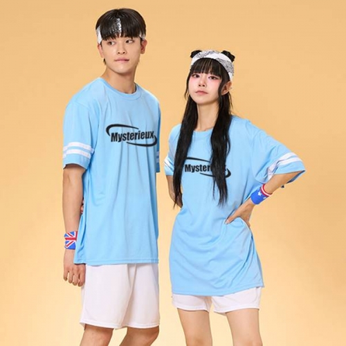 리테일 2선 오버핏져지 반팔 반티 블루 세트(상의기준)