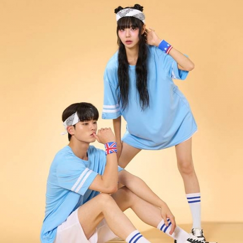 리테일 2선 오버핏져지 반팔 반티 블루 세트(상의기준)